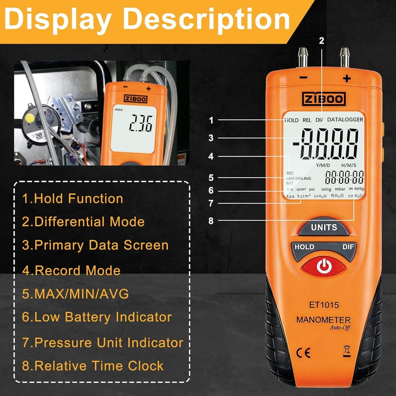 ZIBOO ET1015 Digital Manometer, Dual Port Differential Pressure Gauge, ±100 PSI Air and Differential Dual Port Pressure Gauge, Large LCD Display with Backlight,HVAC Gas Pressure Tester - Image 3